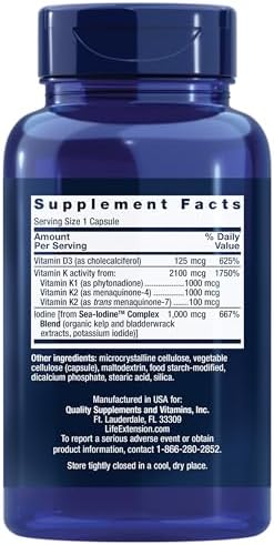 Life Extension Vitamins D and K with Sea Iodine dietary supplement bottle displaying nutritional facts and dosage instructions