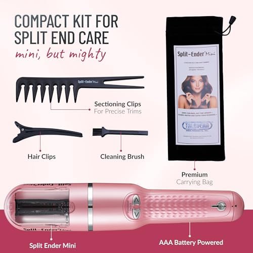 Handheld automatic split end clipper being used on a strand of straight hair