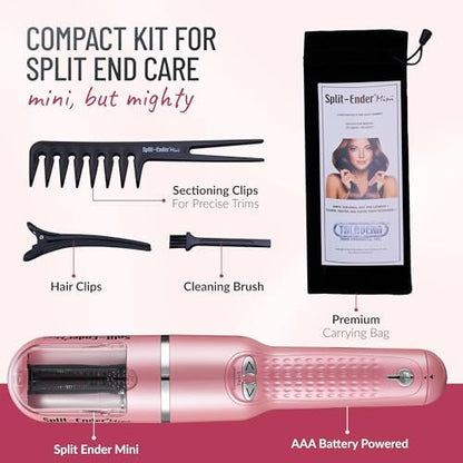 Handheld automatic split end clipper being used on a strand of straight hair