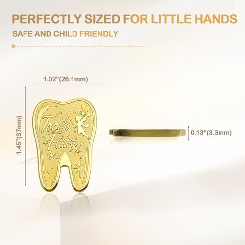 Close up of six gold plated tooth fairy tokens featuring embossed star accents