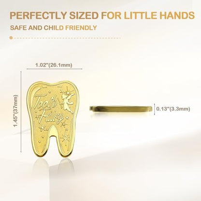 Close up of six gold plated tooth fairy tokens featuring embossed star accents