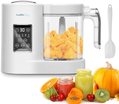 CuddleeBaby baby food blender with steaming basket and white outer housing