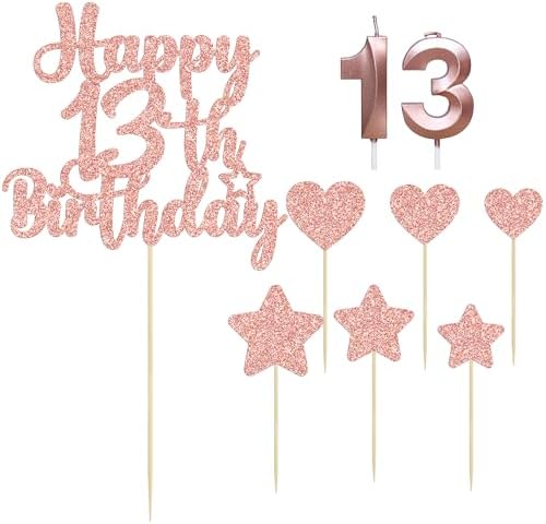 Gyufise 15Pcs Happy 13th Birthday Cake Topper Set with Heart Star Glitter Cheers to 13 Years Cake Picks Number 13 Candles Cake Decorations for Happy 13th Birthday Anniversary Party Supplies Rose Gold - Image 4