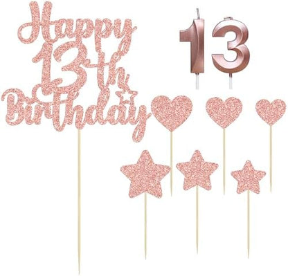 Gyufise 15Pcs Happy 13th Birthday Cake Topper Set with Heart Star Glitter Cheers to 13 Years Cake Picks Number 13 Candles Cake Decorations for Happy 13th Birthday Anniversary Party Supplies Rose Gold - Image 4