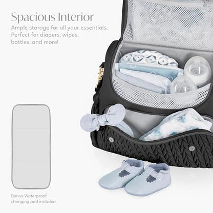 Dual-sided water-resistant changing mat included with the Hannah & Sophia Belle diaper bag collection.