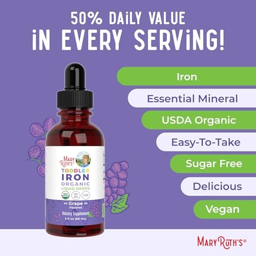 MaryRuth Organics toddler iron sixty milliliters bottle standing upright with grape design details
