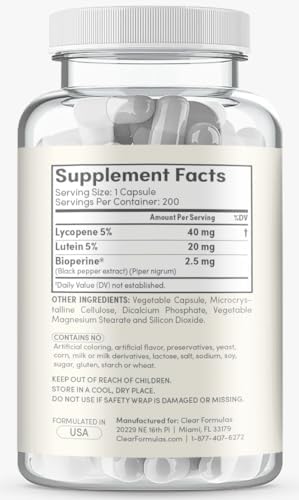 Clear Formulas Lutein And Lycopene Carotenoids supplement facts and active ingredients panel