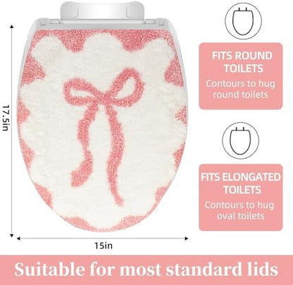 Anti slip backing texture of the imported plush bow design toilet cushion cover.