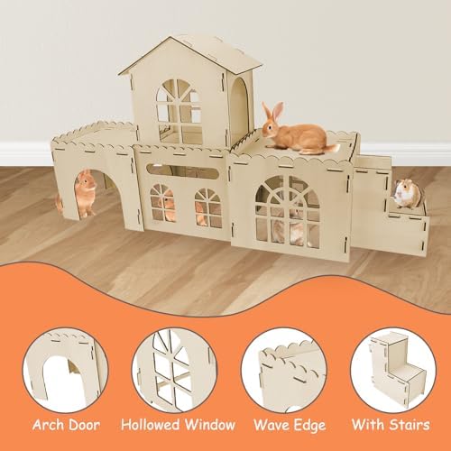 YUEPET Extra Large Wooden Bunny Castle, Ventilated Rabbit Castle Hideaway with Stairs, Detachable Small Animal Hideout & Habitats for Indoor Outdoor Dwarf Rabbits Bunnies to Hide & Play - Image 3