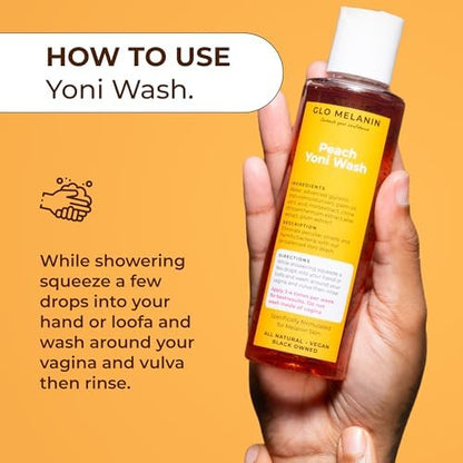 Vegan and cruelty-free feminine wash by Glo Melanin with peach extract.