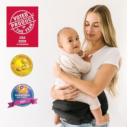 Ergonomic premium toddler hip seat carrier with integrated diaper bag storage compartments.