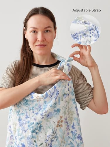 Mother using Tillyou floral muslin nursing cover in public