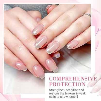 Clear dip powder application on a split thumbnail demonstrating the step by step repair process