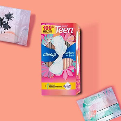 Side view of the 28 count Always Radiant Teen unscented pads package.