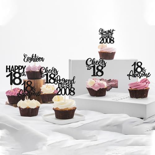 Thick cardstock milestone party picks displayed on perfectly frosted chocolate cupcakes.