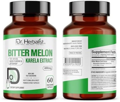 Dr Herbalist Karela Extract 60 vegetarian capsules supplement facts and ingredients label