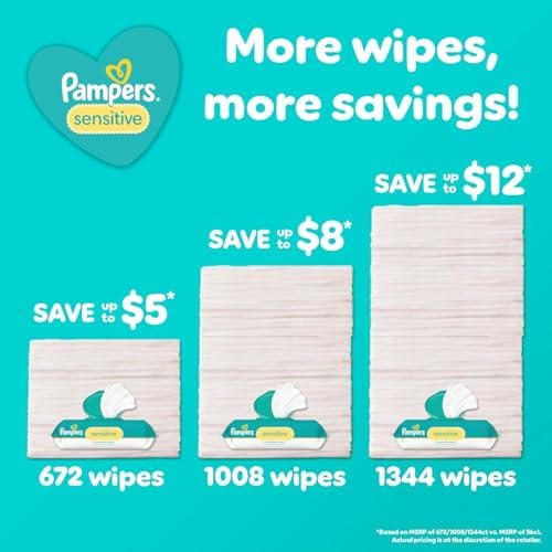 Pampers Sensitive Baby Wipes, Water Based, Hypoallergenic and Unscented, 18 Flip-Top Packs (1008 Wipes Total) [Packaging May Vary] - Image 6