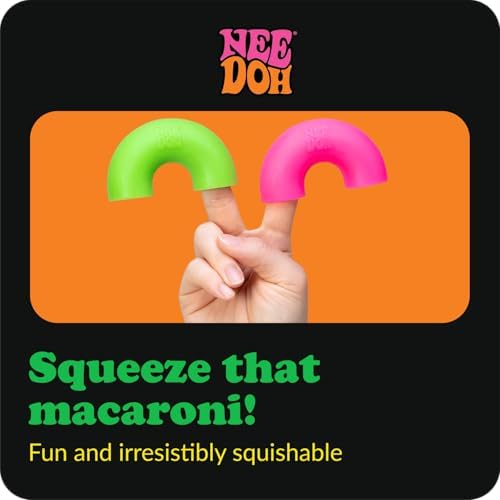 Stretching a bright green and pink silicone noodle to show elasticity