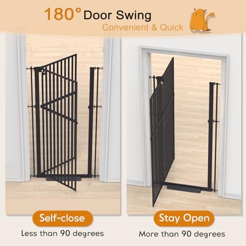 Senneny 63 inch pet gate displaying the full black steel frame assembly.