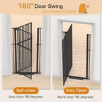 Senneny 63 inch pet gate displaying the full black steel frame assembly.