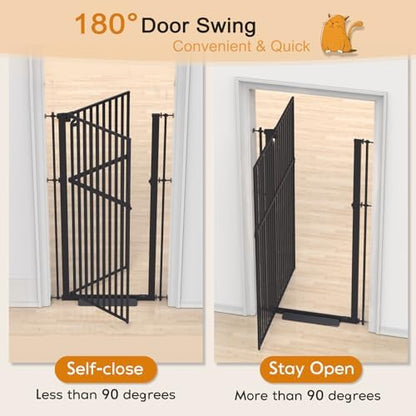 Senneny 63 inch pet gate displaying the full black steel frame assembly.