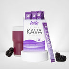 Close up of the sugar free stevia sweetened berry flavor logo on the Leilo kava packet.