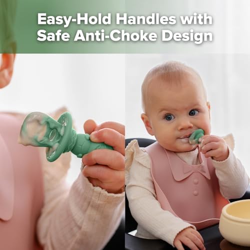Haakaa self feeding utensils demonstrating the built-in anti-choke safety guard mechanism.