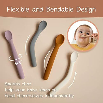 Close up of Moonkie soft tip baby led weaning spoons showcasing the flexible bendable handle.