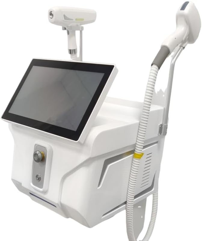 Side angle of the professional 2 in 1 diode and picosecond laser device showcasing the specialized treatment handles.