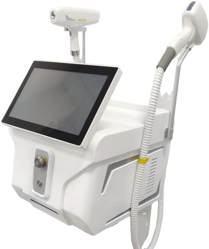 Side angle of the professional 2 in 1 diode and picosecond laser device showcasing the specialized treatment handles.