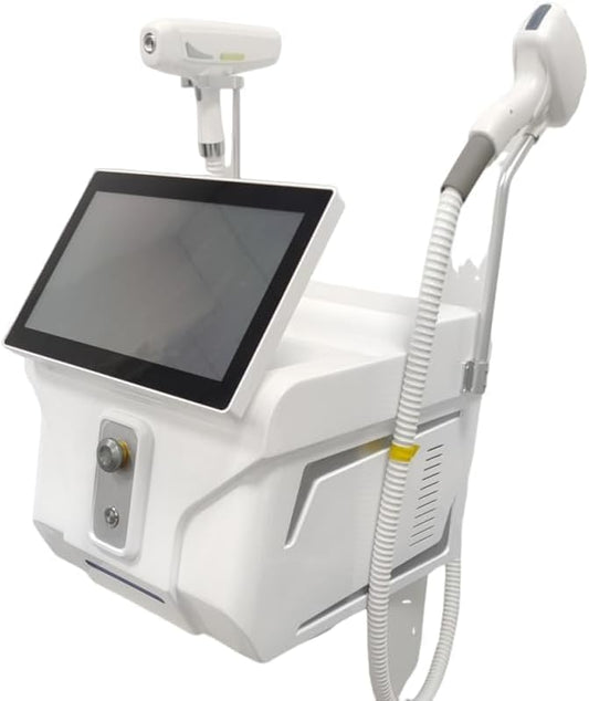 Side angle of the professional 2 in 1 diode and picosecond laser device showcasing the specialized treatment handles.