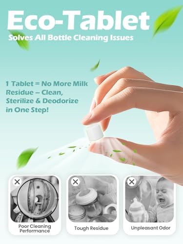 Mamouris detergent tablets next to a baby bottle washer machine