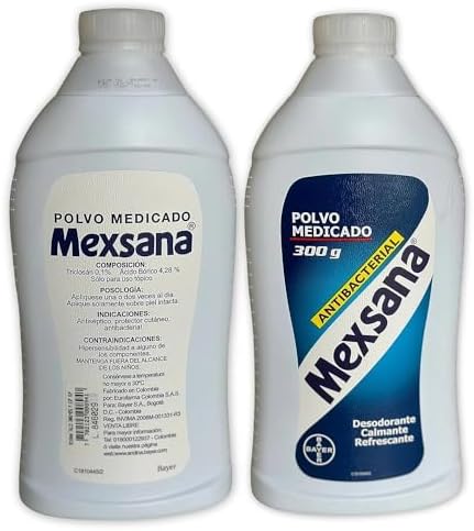 Back label of Mexsana Medicated Powder highlighting antibacterial ingredients and usage.