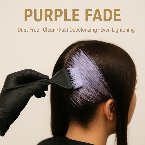 Generic purple hair bleaching powder lifestyle image with application brush