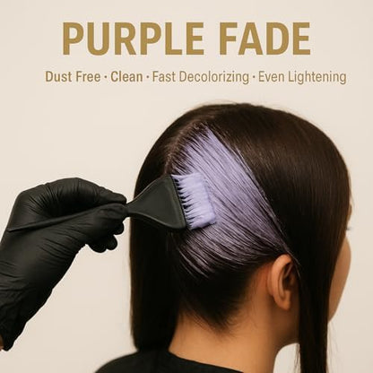 Generic purple hair bleaching powder lifestyle image with application brush