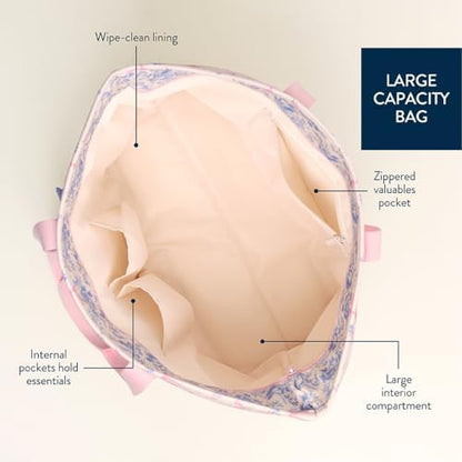 Top view of Itzy Ritzy Explorer tote with zip closure detail