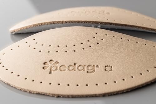 Self adhesive asymmetrical foot wedge for fallen arches made of tan leather.