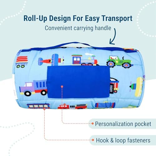 Wildkin nap mat displayed flat showing Trains Planes and Trucks pattern