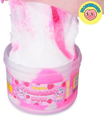 Peachybbies Strawberry Cow Cloud Slime top view highlighting the miniature white cow charm and red berry sprinkles