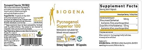 Biogena Pycnogenol Superior 100 Gold capsules container showing nutrition facts panel.