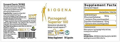 Biogena Pycnogenol Superior 100 Gold capsules container showing nutrition facts panel.