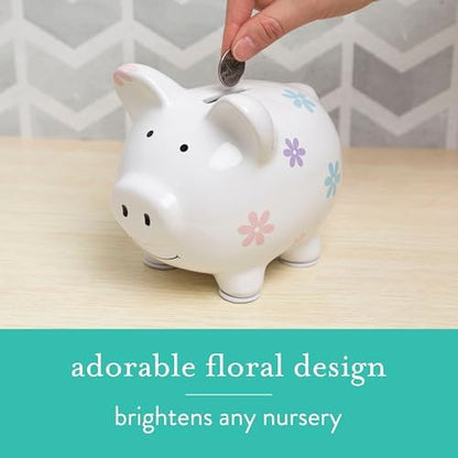 Side angle of the Kate and Milo flower pattern coin bank for baby girl nursery decoration.