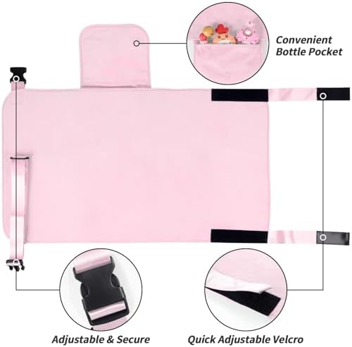 Adjustable safety straps and secure buckles of the kids airplane seat extender attached to a tray table.