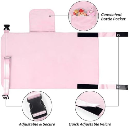 Adjustable safety straps and secure buckles of the kids airplane seat extender attached to a tray table.