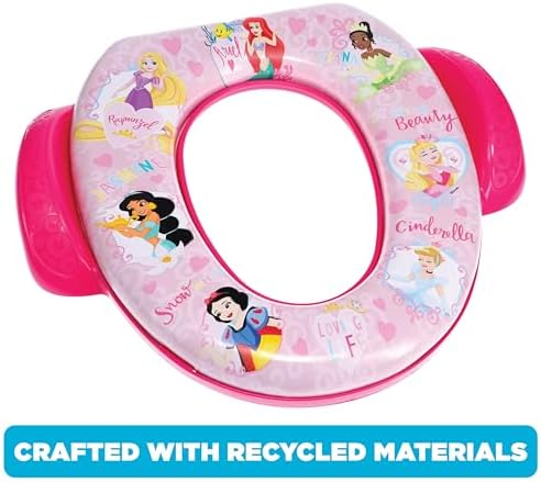 Cushioned baby toilet trainer seat showing the patented easy grip safety handles