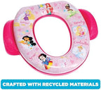 Cushioned baby toilet trainer seat showing the patented easy grip safety handles