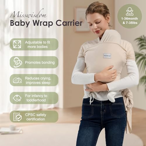 Side angle of a parent comfortably using the Misswisdom hands free baby carrier for an infant.