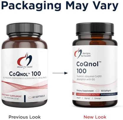 Authentic imported Designs for Health CoQnol capsule container showcasing non-GMO cellular support solution.