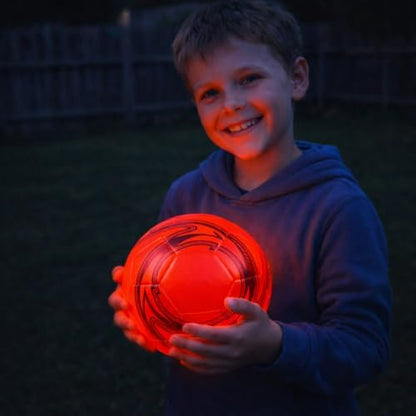 Packaging of the Radiant Sports glowing night training soccer ball showing features and size details