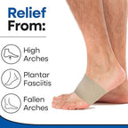 Compression sleeve foot brace being worn over socks for plantar fasciitis support.